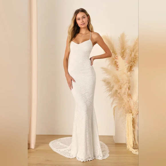 Lulus Perfectly Beloved White Lace Sleeveless Lace-Up Maxi Dress S Wedding Bride - Picture 2 of 12
